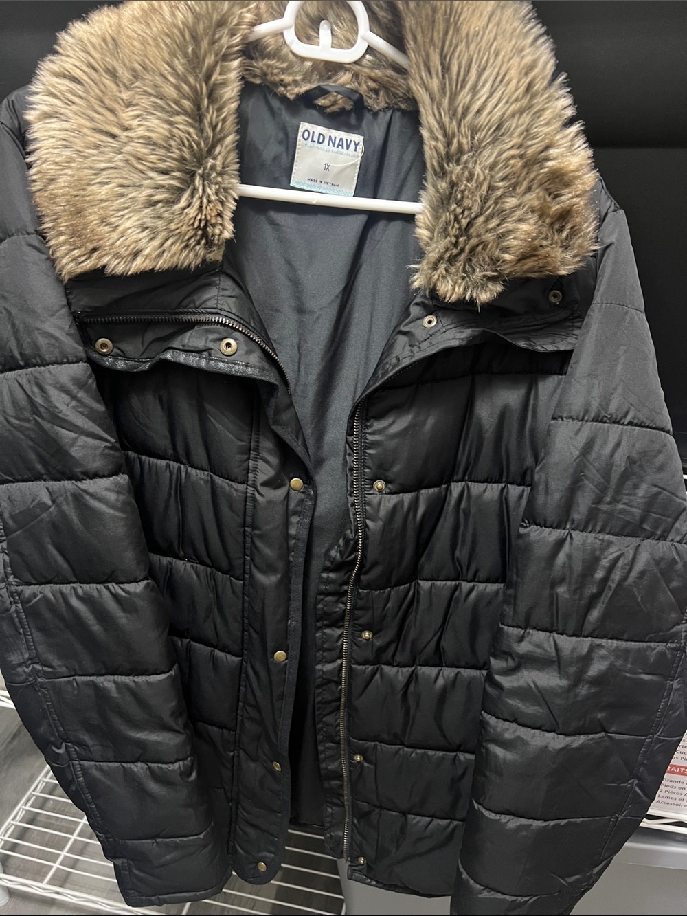 Old Navy Black Quilted Puffer Coat with Faux Fur Trim